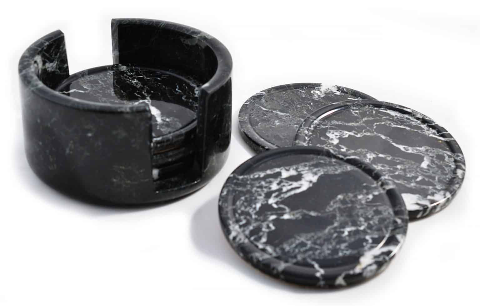 Black Marble Coaster Set, 6 With Holder The Perfect Scottish Gift